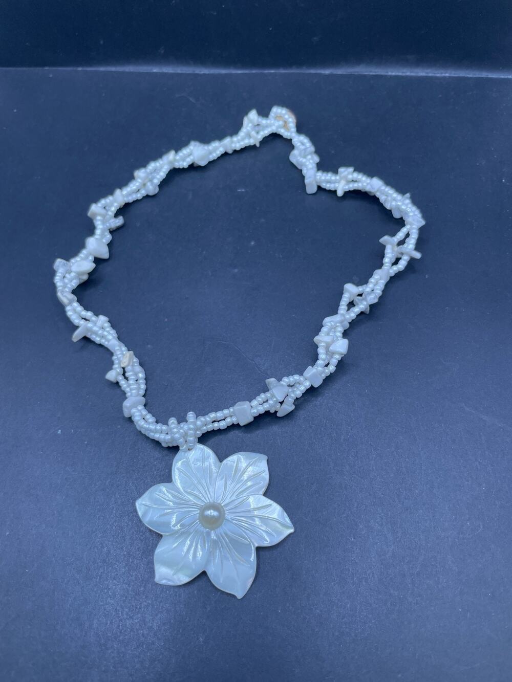Vintage Mother of Pearl Flower Pendant & Seed Beads Multistrand Necklace